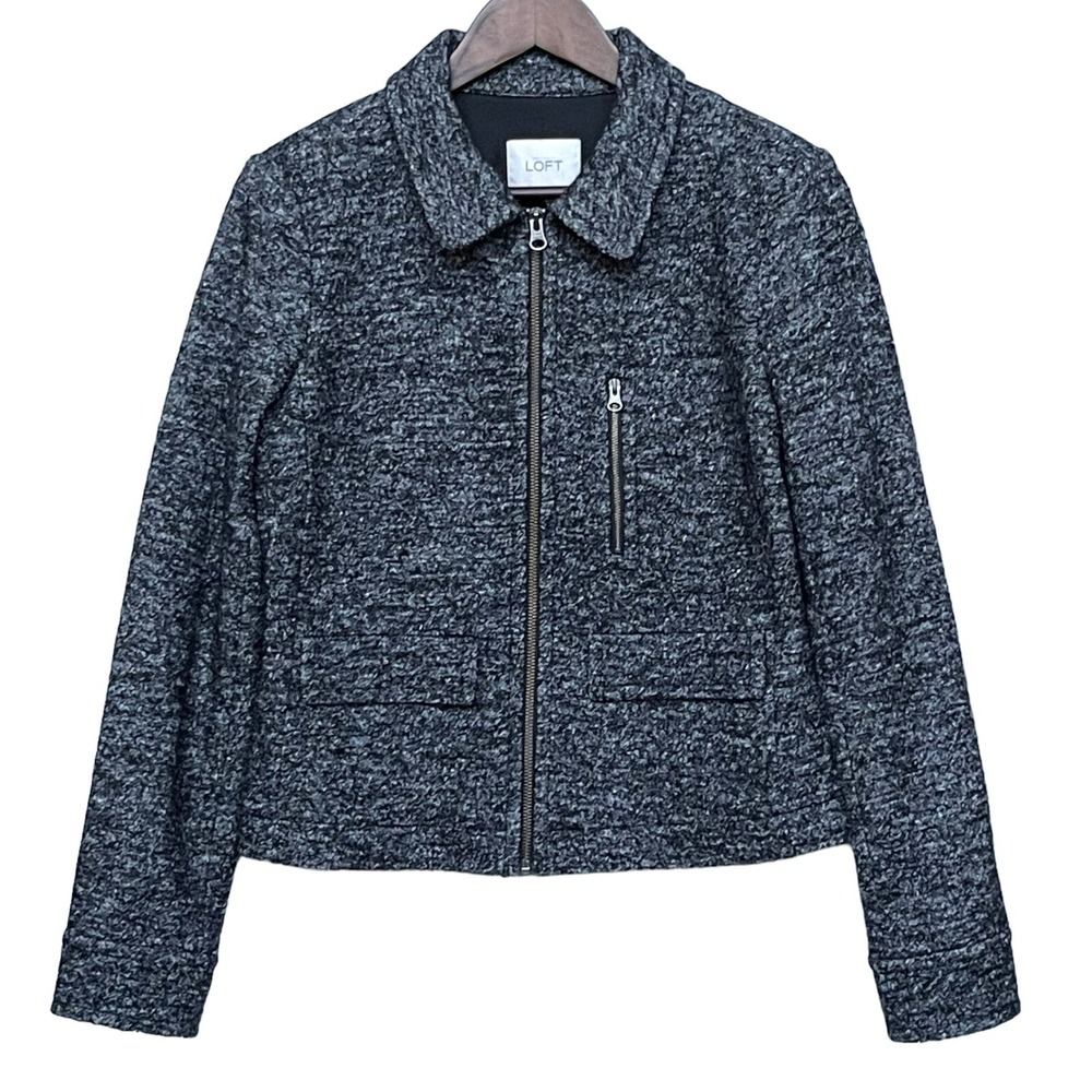 Ann Taylor Loft Jacket Women M Black White Wool Blend Marled Full Zip NWT